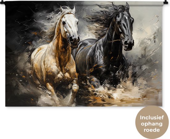 Wandkleed 120x80 cm - Wanddoek Paarden - Zwart - Wit - Dieren - Wandtapijt - Wandkleden