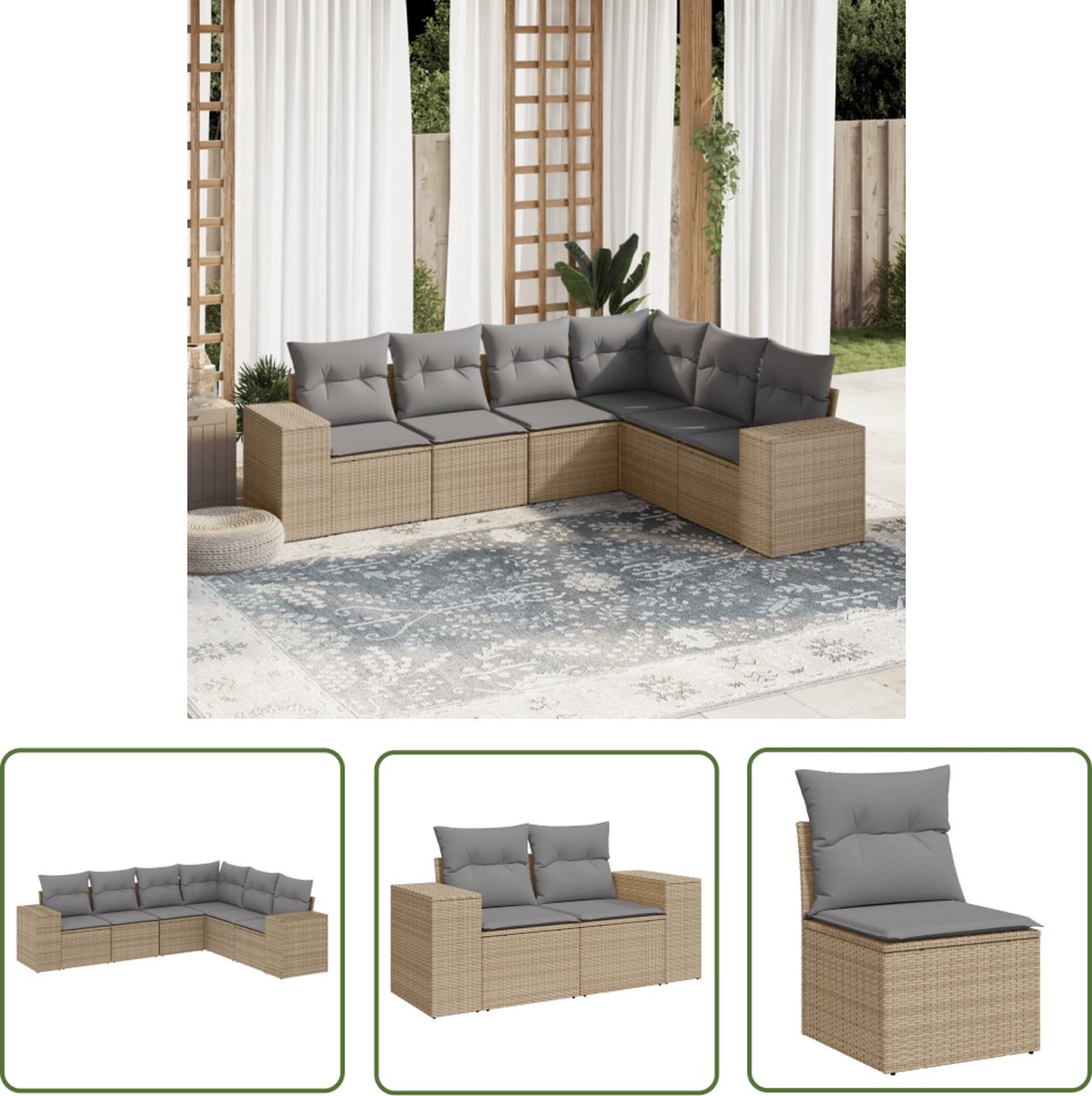 The Living Store 6-delige Loungeset met kussens poly rattan beige - Loungeset Wicker - Lounge Set - Tuinset - Buitendecoratie - Tuinmeubels