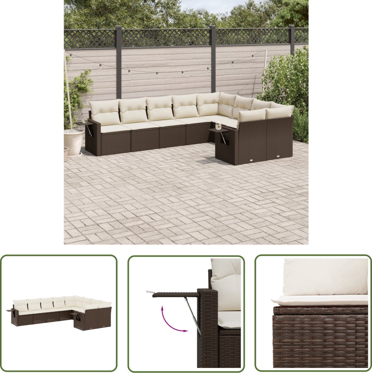 The Living Store 9-delige Loungeset met kussens poly rattan bruin - Loungebank - Tuinset - Lounge Set - Buitendecoratie - Garden Furniture