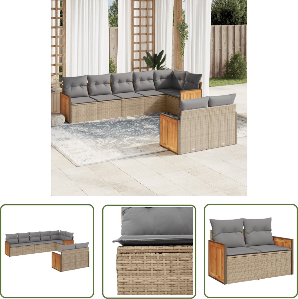 The Living Store 8-delige Loungeset met kussens poly rattan beige - Tuin Lounge Set - Loungebank - Buitendecoratie - Tuinset - Outdoor Furniture