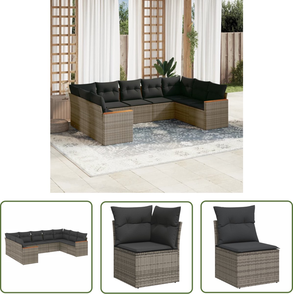 Grijze poly rattan loungeset met kussens voor buiten.
