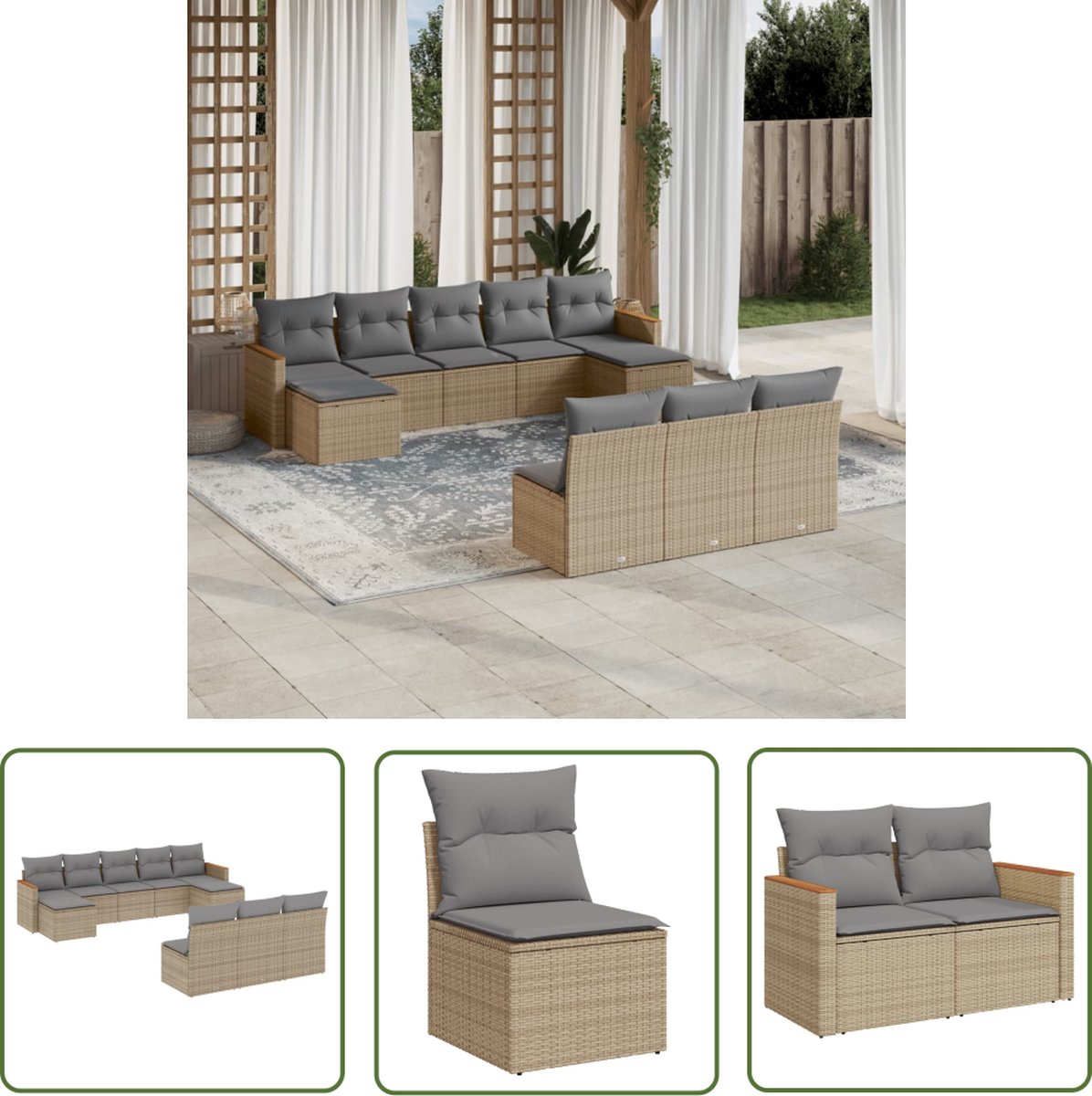 The Living Store 10-delige Loungeset met kussens poly rattan gemengd beige - Loungeset - Tuinset - Lounge Set - Buitendecoratie - Tuinmeubels