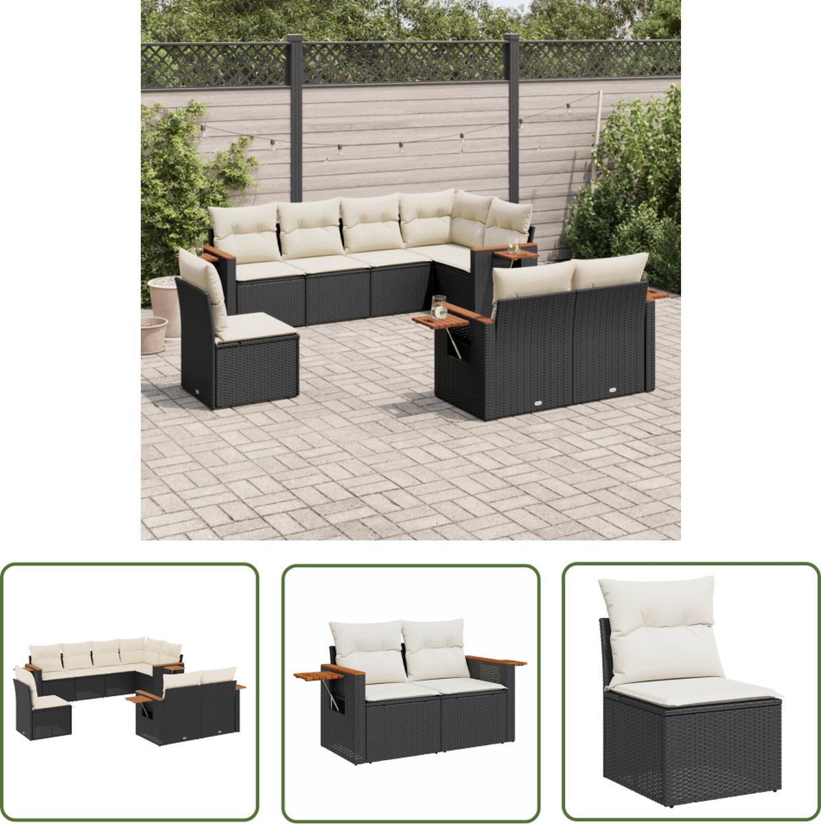 The Living Store 8-delige Loungeset met kussens poly rattan zwart - Loungebank - Tuinset - Buitendecoratie - Tuinmeubels - Lounge Set