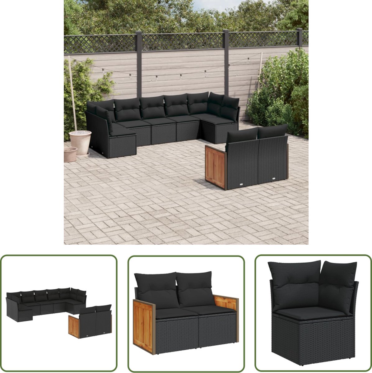 The Living Store 9-delige Loungeset met kussens poly rattan zwart - Loungeset - Tuinset - Loungehoek - Buitendecor - Outdoor Living