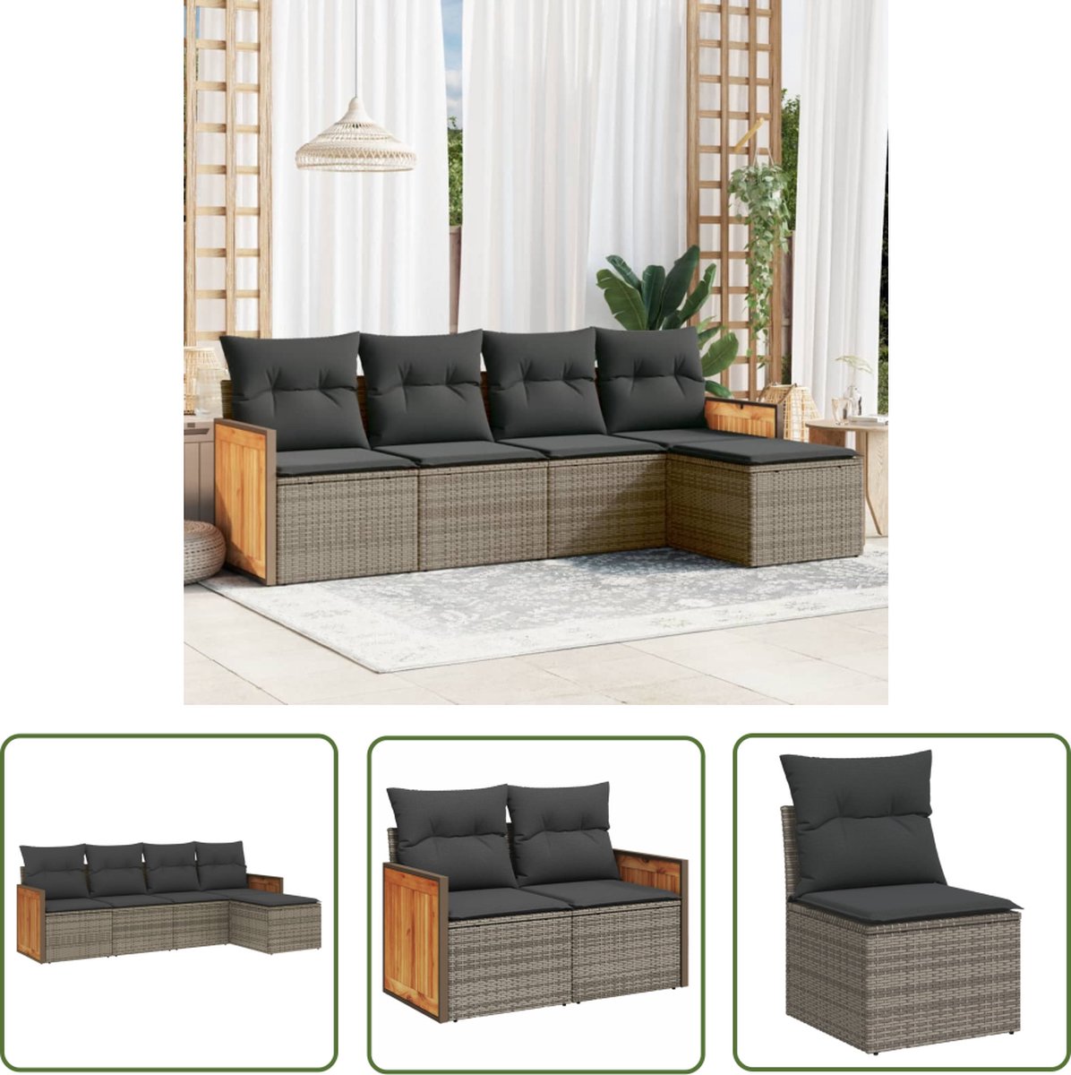 The Living Store 5-delige Loungeset met kussens poly rattan grijs - Loungeset - Tuinset - Lounge Set - Buitendecoratie - Garden Furniture