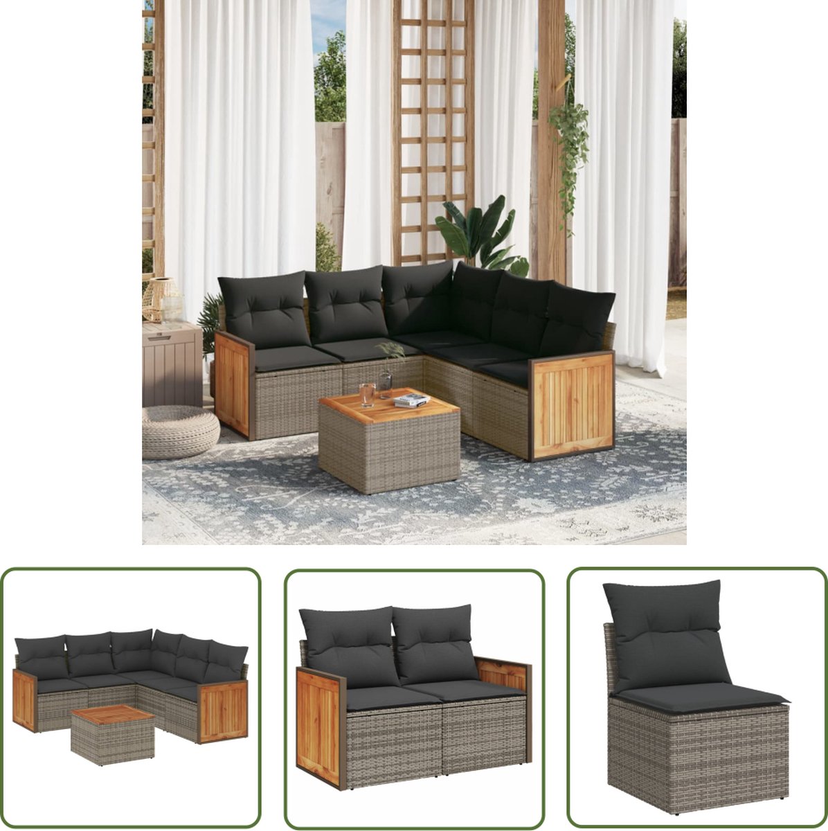 The Living Store 6-delige Loungeset met kussens poly rattan grijs - Loungeset - Tuinmeubelen - Lounge Set - Buitendecoratie - Outdoor Furniture