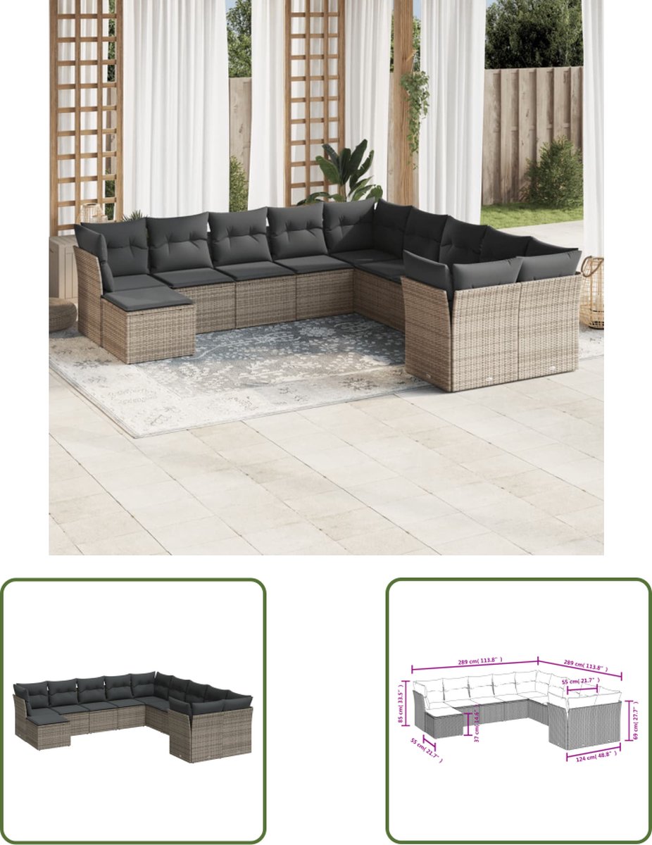 The Living Store 11-delige Loungeset met kussens poly rattan grijs - Loungeset - Lounge Set - Buitendecoratie - Tuinmeubels - Pe Rattan