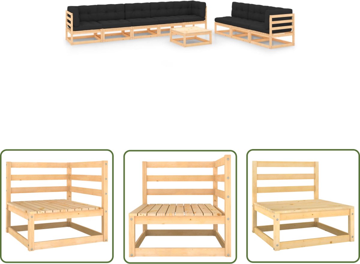 The Living Store 9-delige Loungeset met kussens massief grenenhout - Tuinlounge - Lounge Set - Buis Meubel - Houten Bank - Grenenhouten Bank