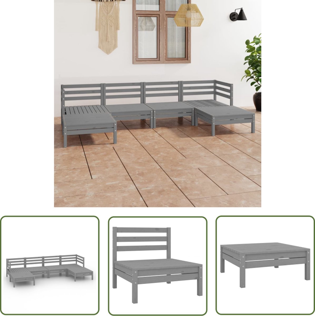 Grijze massief grenenhouten loungeset voor buiten - Tuin Lounge Set - Loungestoel
