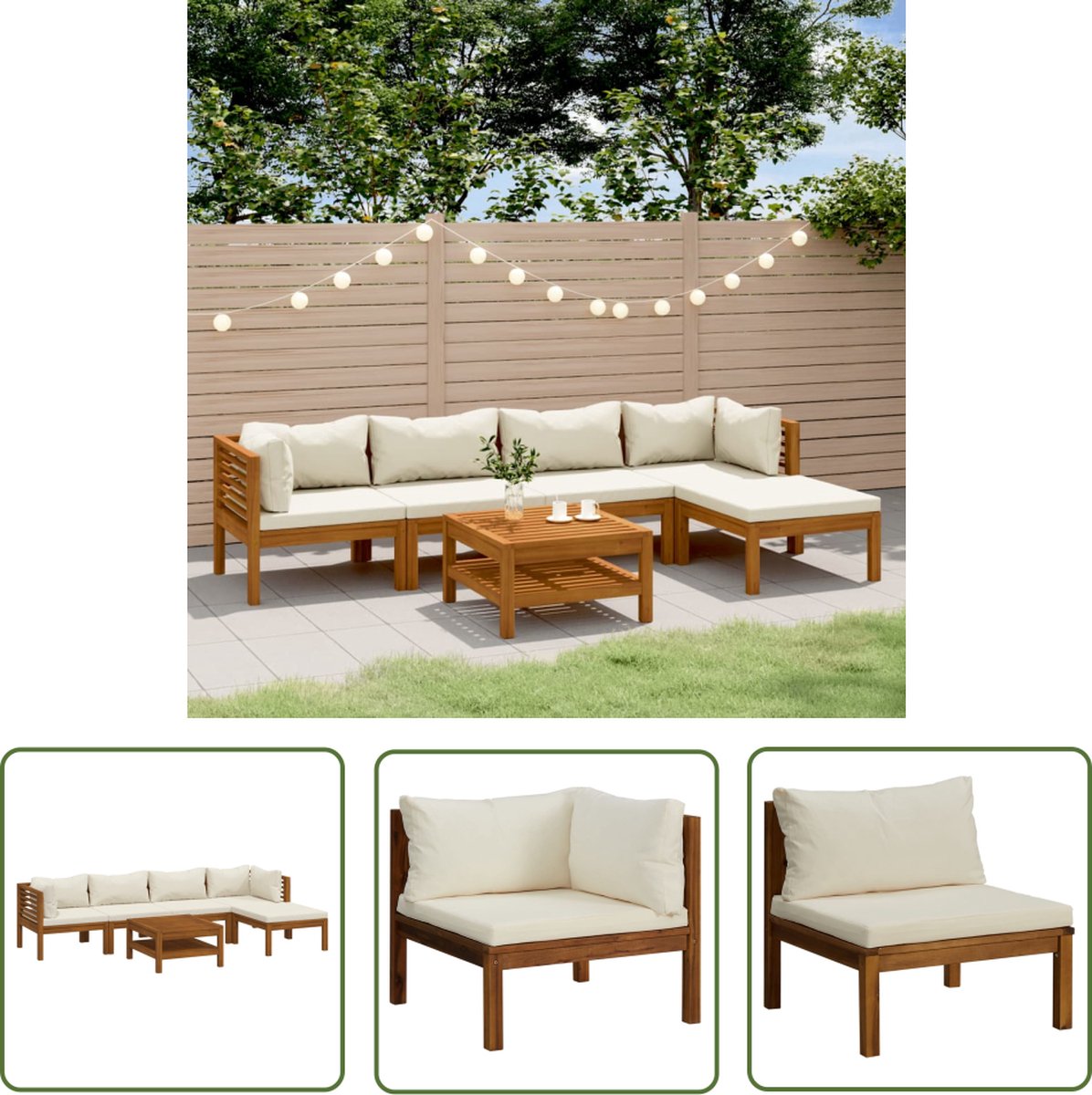 The Living Store 6-delige Loungeset met crèmekleurige kussens massief acaciahout - Loungeset - Tuinmeubel - Lounge Set - Buitendecoratie - Acacia Hout