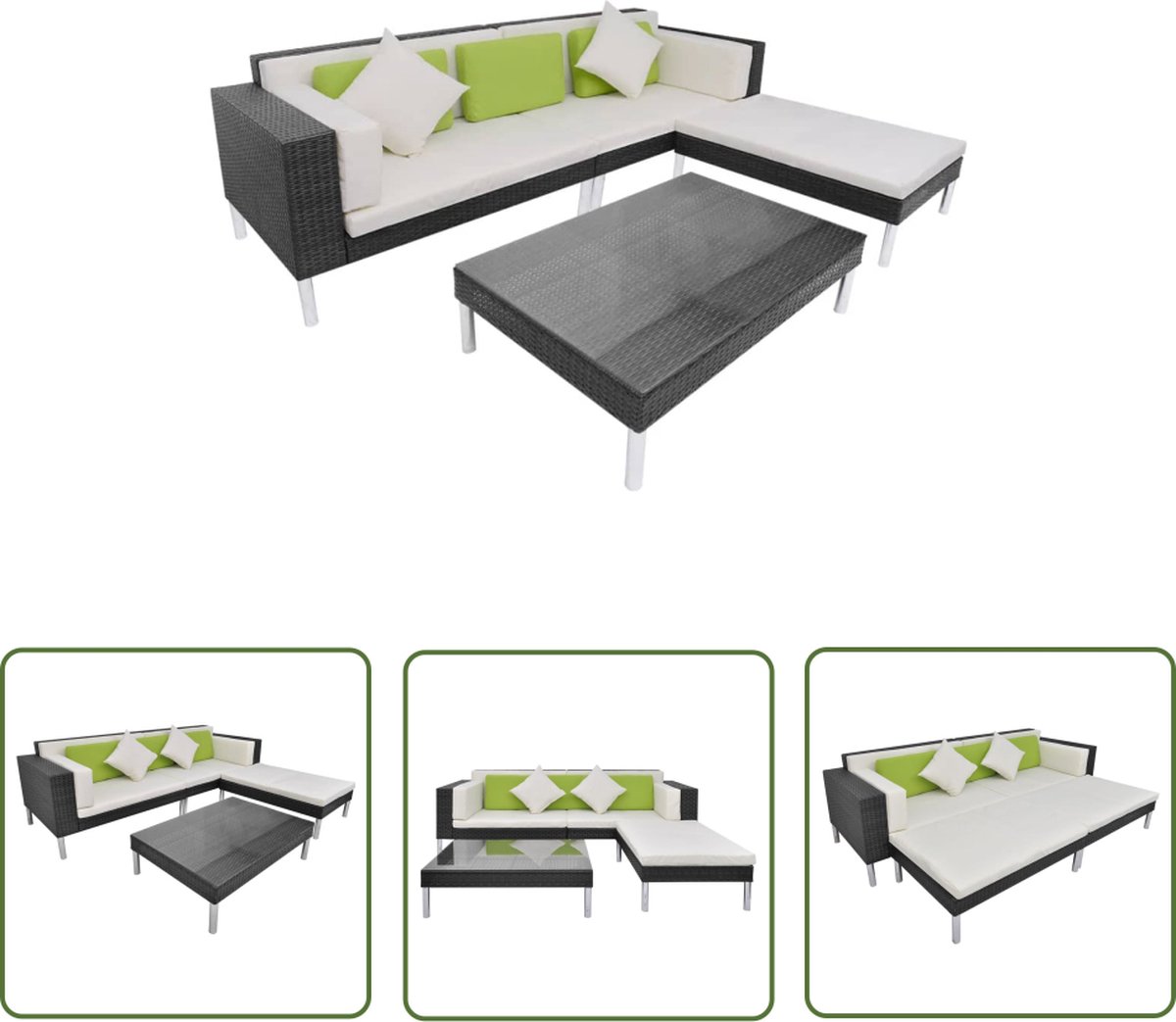 The Living Store 4-delige Loungeset met kussens poly rattan zwart - Tuinmeubels - Lounge Set - Poly Rattan - Buiten Meubilair - Zwarte Loungestoel