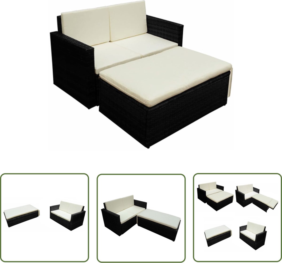 Tuinstoel en tafelset in zwart poly rattan met kussens.