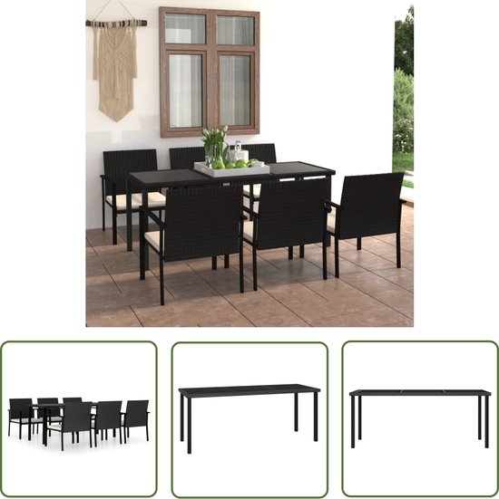Salon de jardin The Living Store - Rotin - Zwart - 180x70x73 cm - Poly rotin - acier thermolaqué - Comprenant 6 chaises et coussins