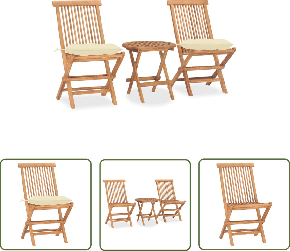 Inklapbare teakhouten tuinstoel met kussen en eetkamerset voor buiten - The Living Store.