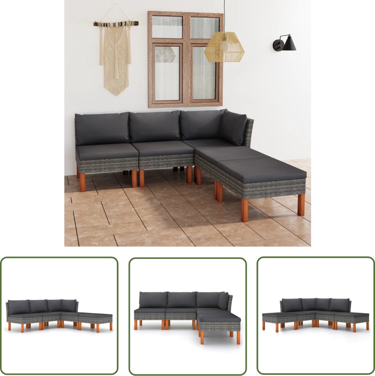 Grijze poly rattan loungeset met kussens voor buiten - The Living Store.