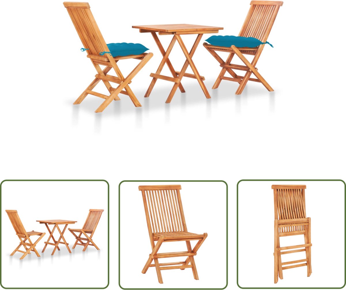 The Living Store 3-delige Bistroset met lichtblauwe kussens massief teakhout - Tuinmeubels - Teak Meubilaar - Bistroset - Buitentijd - Tuincentrum