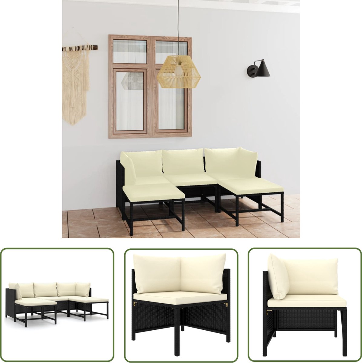 The Living Store 5-delige Loungeset met kussens poly rattan zwart - Loungehoek - Tuinset - Loungestoel - Outdoor Meubels - Patio Furniture