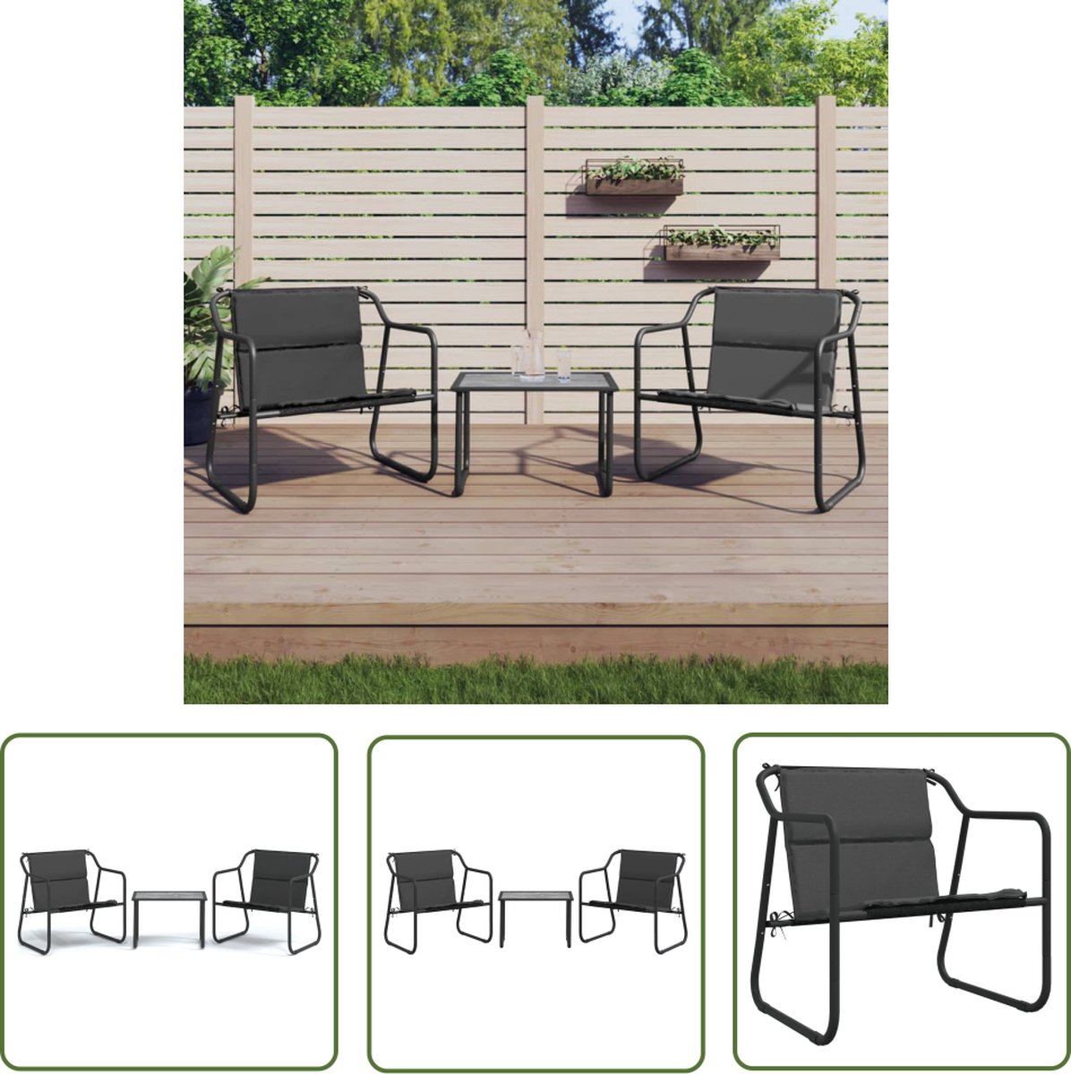 Loungeset van staal in antracietkleurig met kussens.