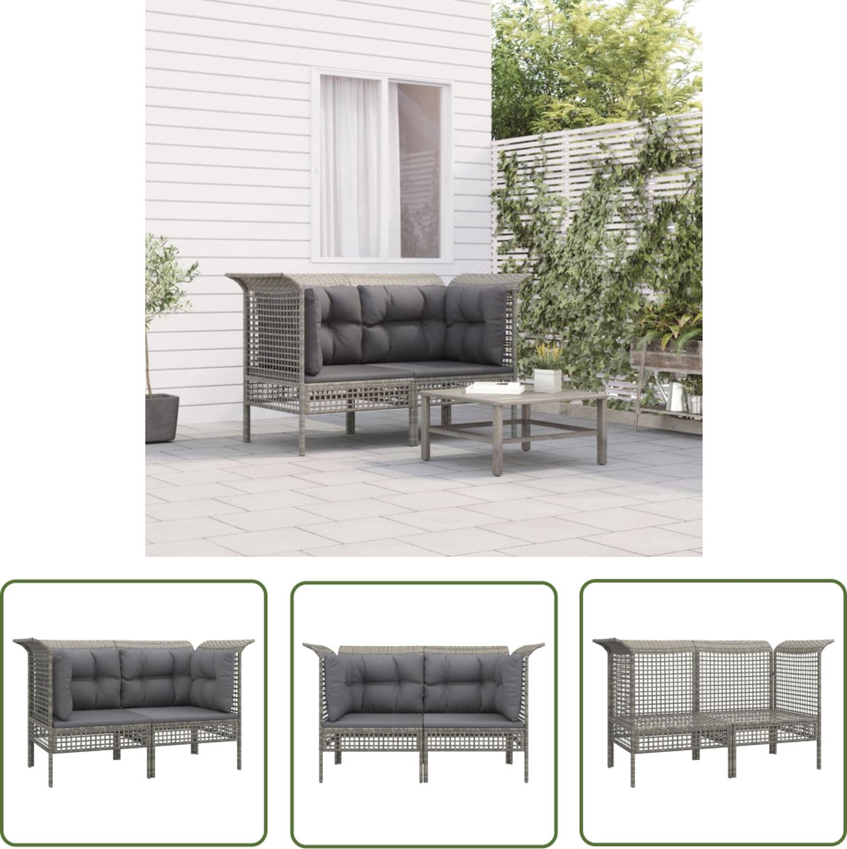The Living Store Tuinhoekbanken met kussens 2 st poly rattan grijs - Tuinbank - Hoekbank - Lounge Set - Outdoor Furniture - Patio Furniture