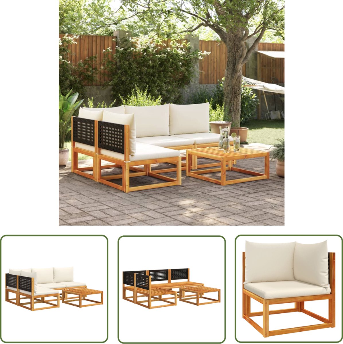 Moderne 5-delige Loungeset in acaciahout met kussens voor buiten.