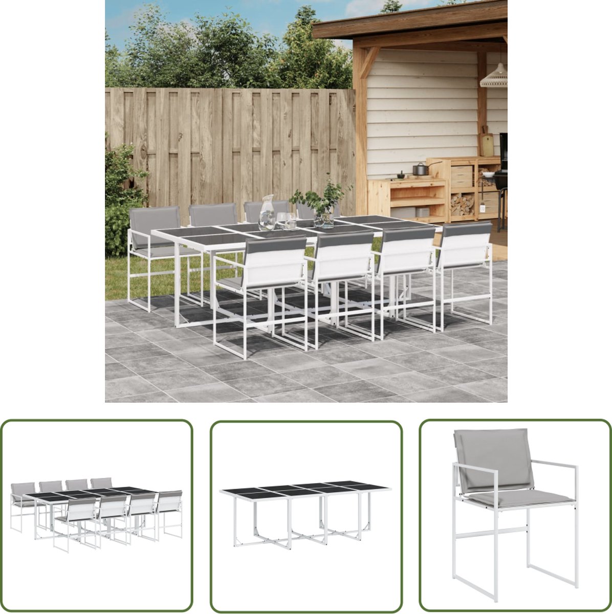 The Living Store 9-delige Tuinset met kussens textileen wit - Tuinset - Eetkamerset - Buitendecoratie - Lounge Set - Terrassenset