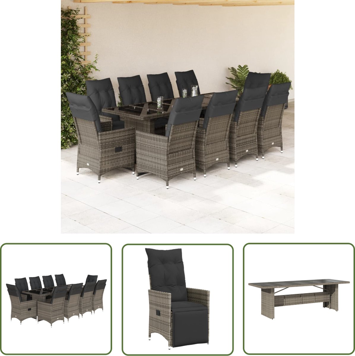 The Living Store 11-delige Bistroset met kussens poly rattan grijs - Tuinmeubilair - Bistroset - Lounge Set - Buitentijd - Outdoor Living