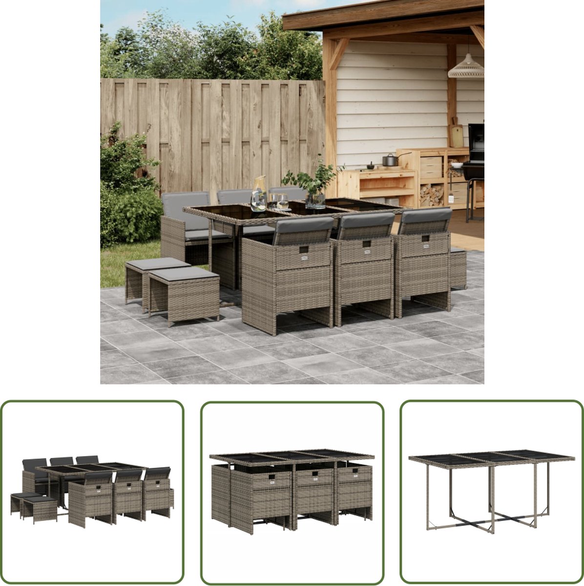 Grijze poly rattan tuinset met kussens en lounge set.