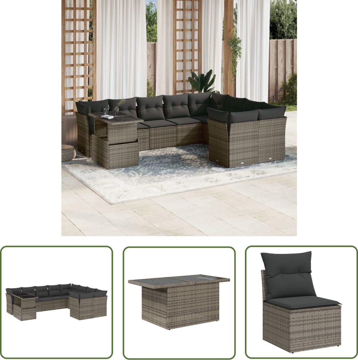The Living Store 10-delige Loungeset met kussens poly rattan grijs - Loungebank - Lounge Set - Tuinlounge - Buitendecoratie - Outdoor Furniture