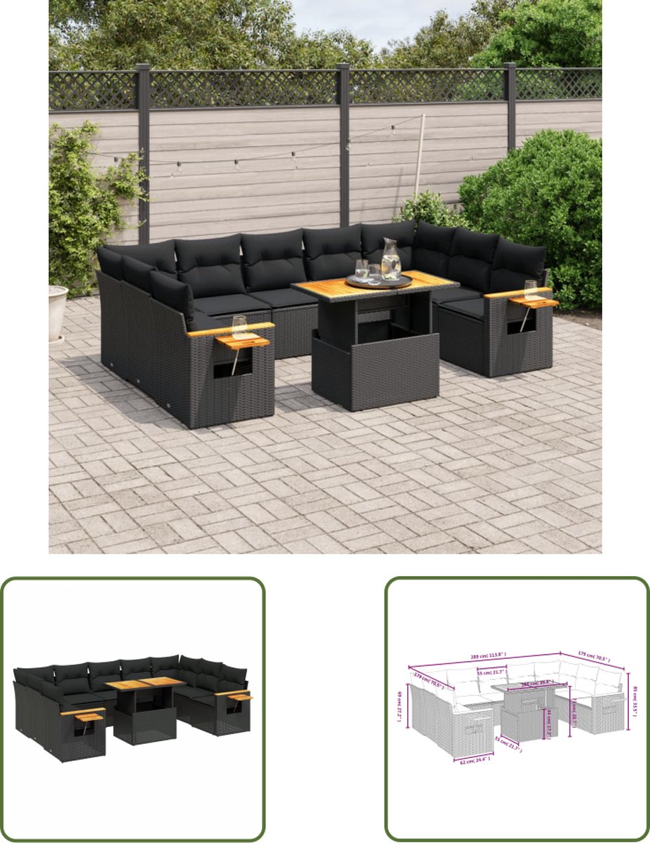 Loungeset van poly rattan in zwart met kussens - Tuinmeubels.