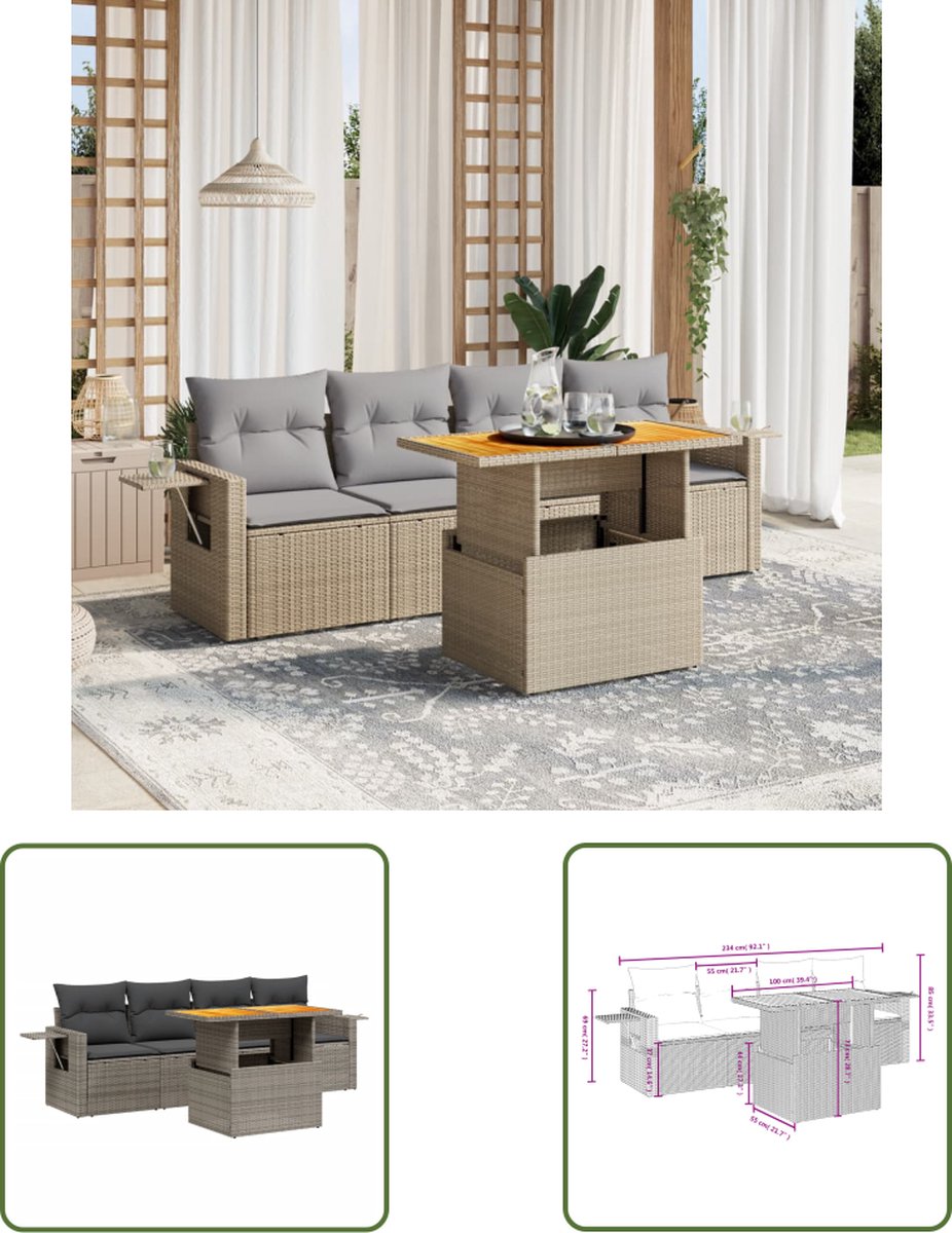The Living Store Loungeset van poly rattan in beige met kussens.
