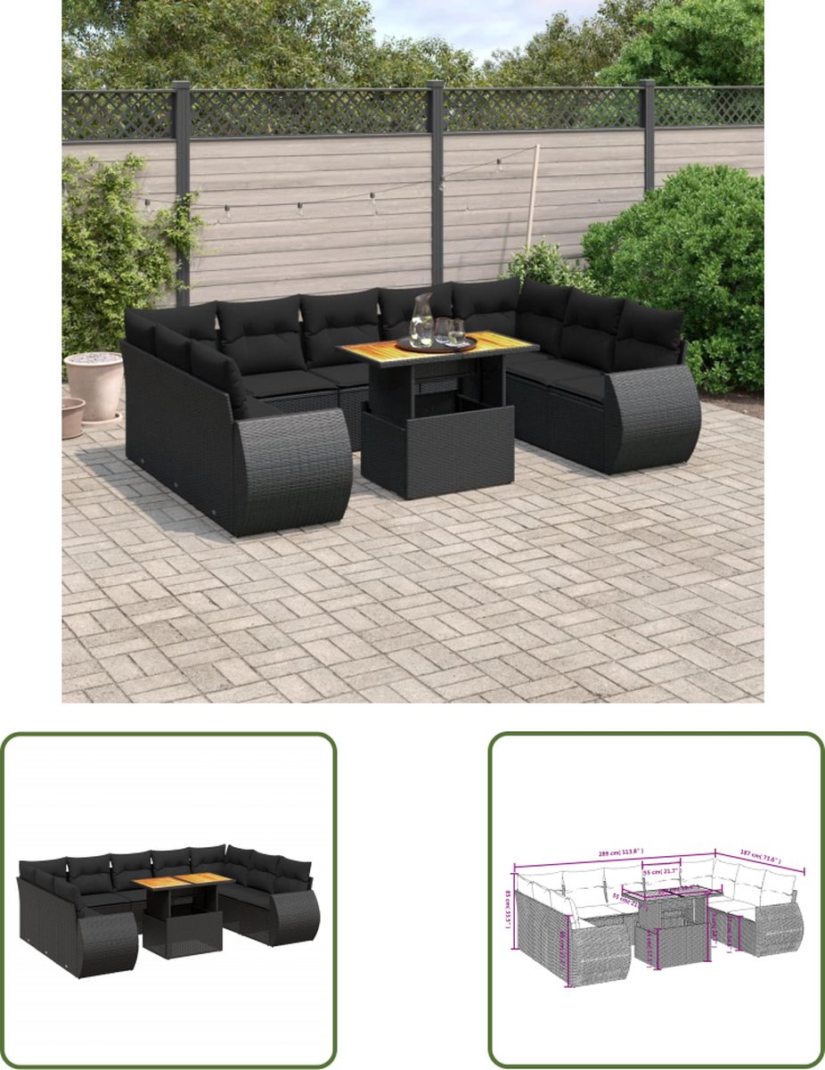 10-delige zwarte loungeset met kussens poly rattan - tuinmeubilair.