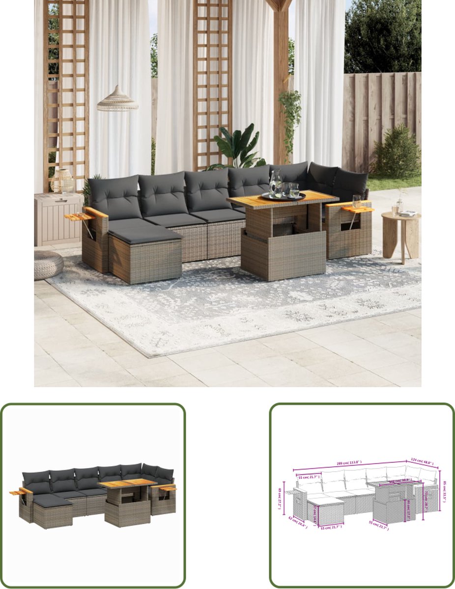The Living Store 8-delige Loungeset met kussens poly rattan grijs - Loungeset - Tuinset - Lounge Set - Buitendecoratie - Outdoor Furniture