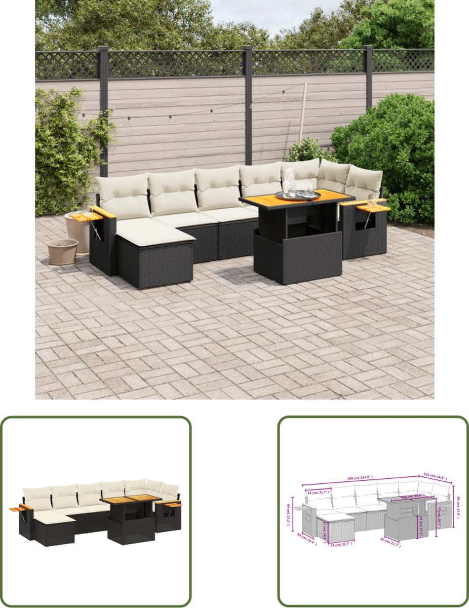 The Living Store 8-delige Loungeset met kussens poly rattan zwart - Lounge Set - Tuinset - Eetkamerset - Tuinmeubels - Lounge Bank