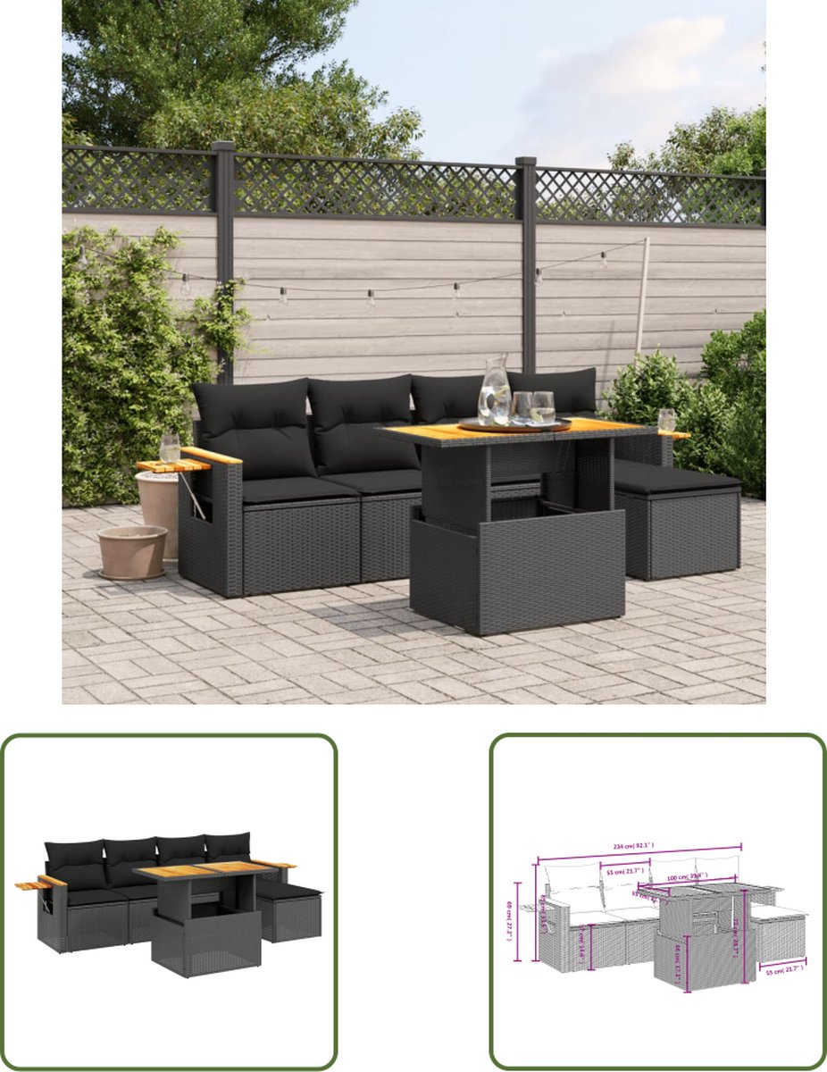 The Living Store 6-delige Loungeset met kussens poly rattan zwart - Loungebank - Lounge Set - Buitendecoratie - Tuinlounge - Tuinmeubels