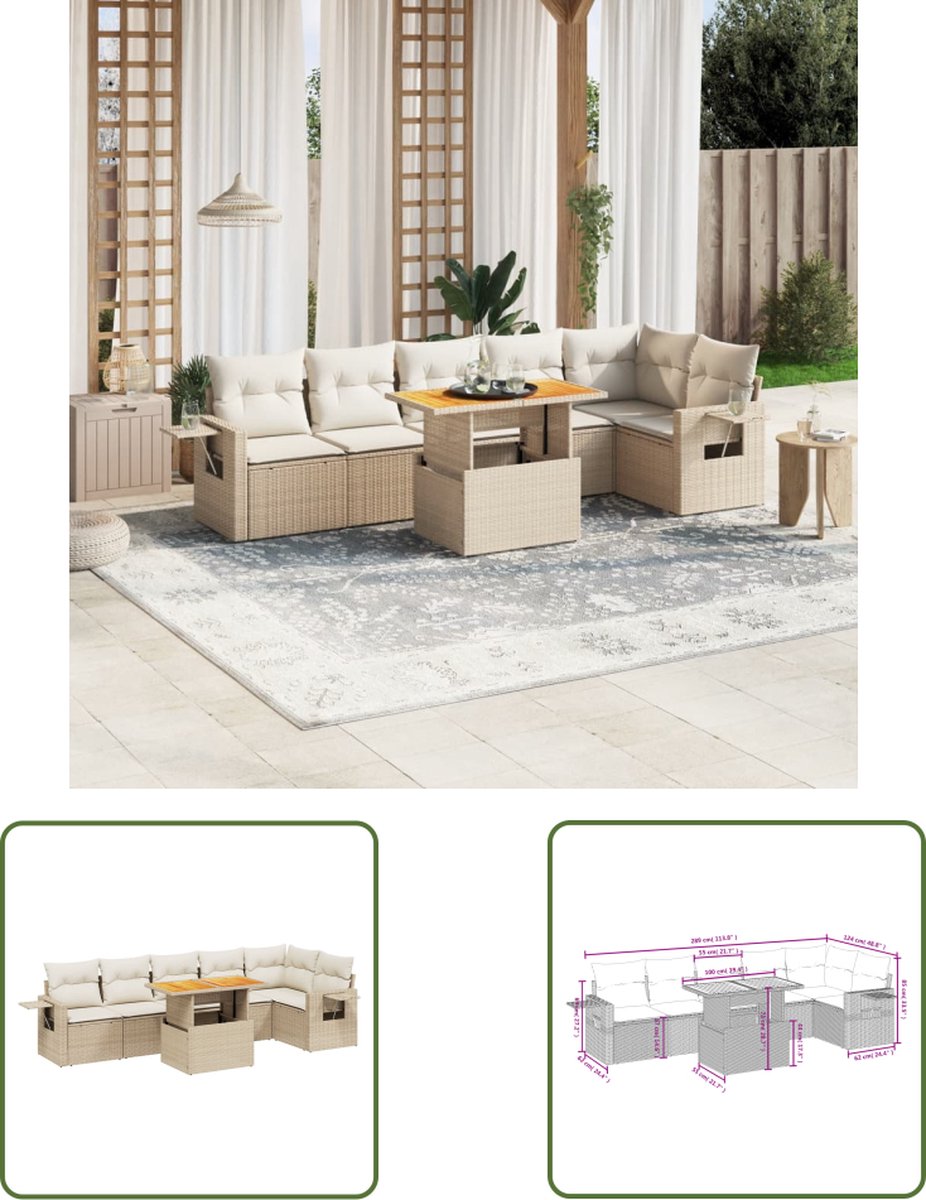 The Living Store 7-delige Loungeset met kussens poly rattan beige - Loungeset - Tuinset - Ratan Set - Buitendecoratie - Loungemeubels
