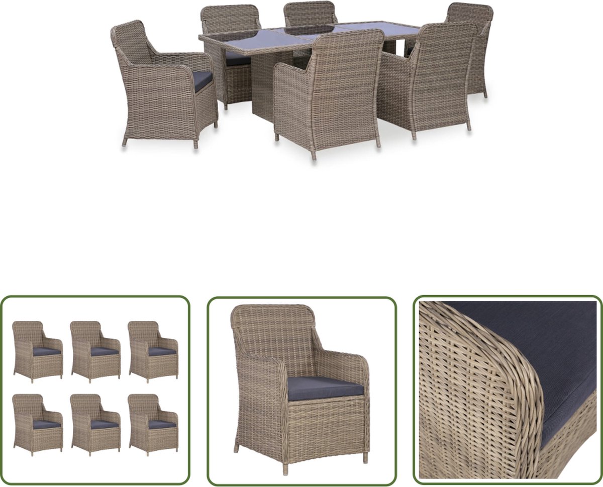 The Living Store 7-delige Tuinset poly rattan bruin - Luxe Tuinset - Eetkamerstoel - Buitentafel - Polyrattan - Tuinmeubel