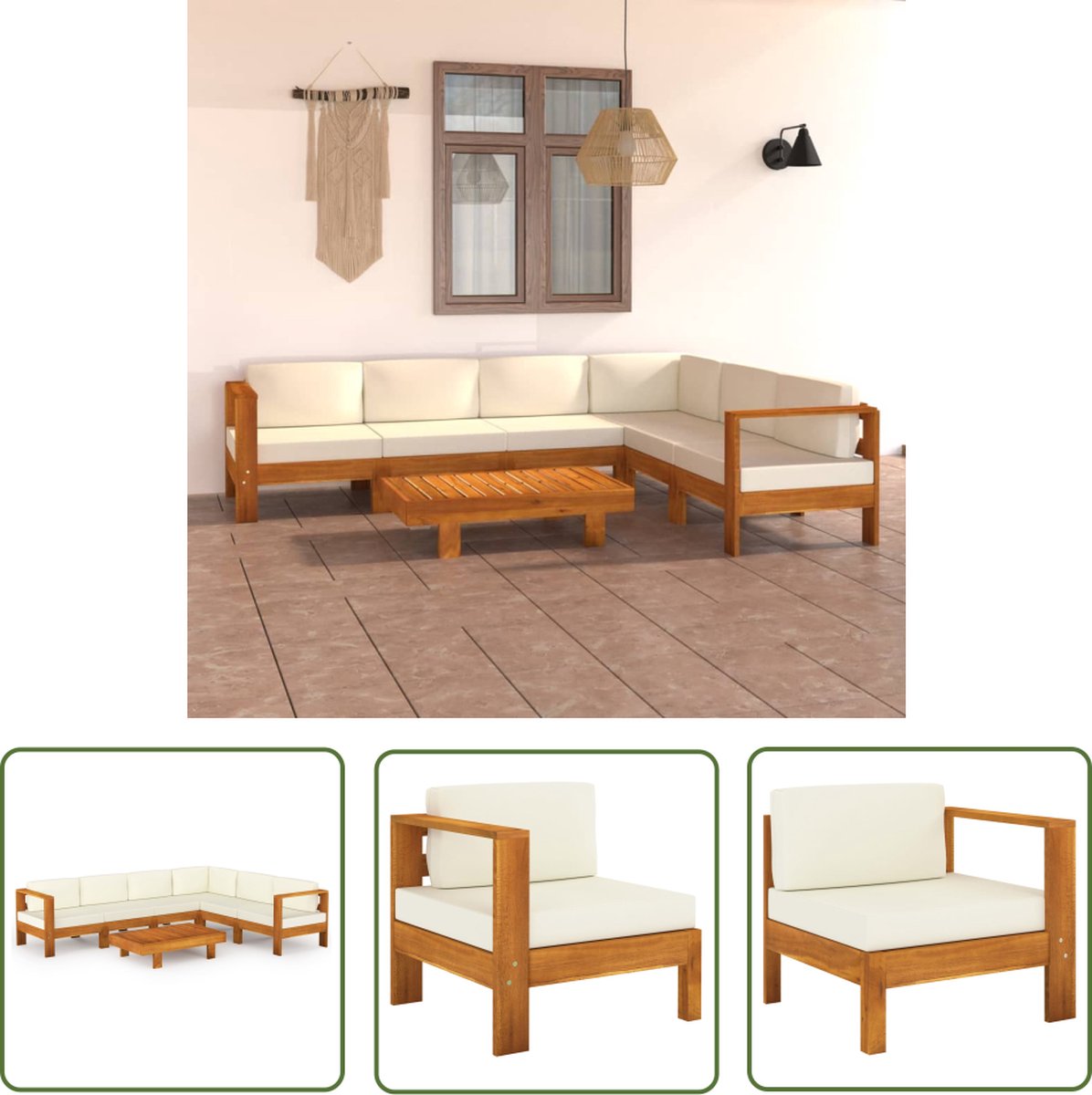 The Living Store 7-delige Loungeset met crèmewitte kussens acaciahout - Loungebank - Tuinset - Lounge Set - Acacia Hout - Buitendecoratie