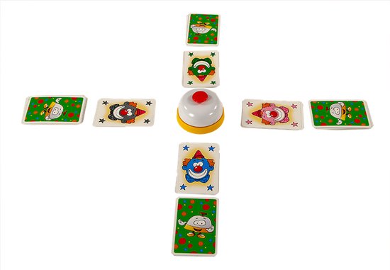 Opstelling van het Halli Galli Junior spel met bel en vijf kaarten op zwarte achtergrond.