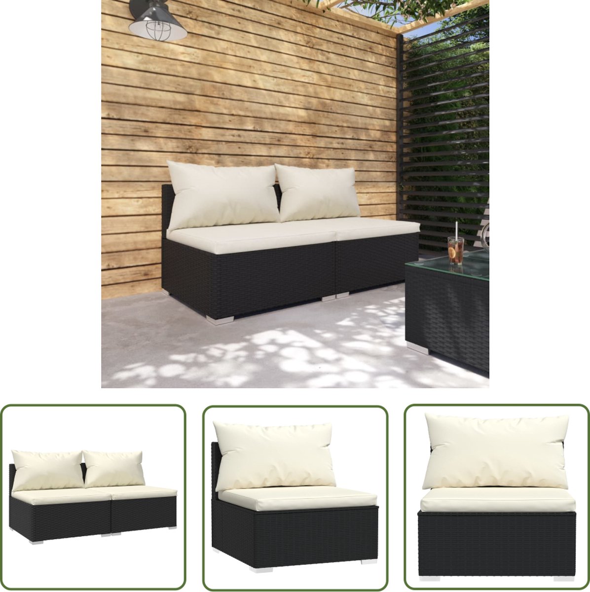 The Living Store 2-delige Loungeset met kussens poly rattan zwart - Tuinstoel - Lounge Set - Buitendecor - Poly Rattan - Loungestoel