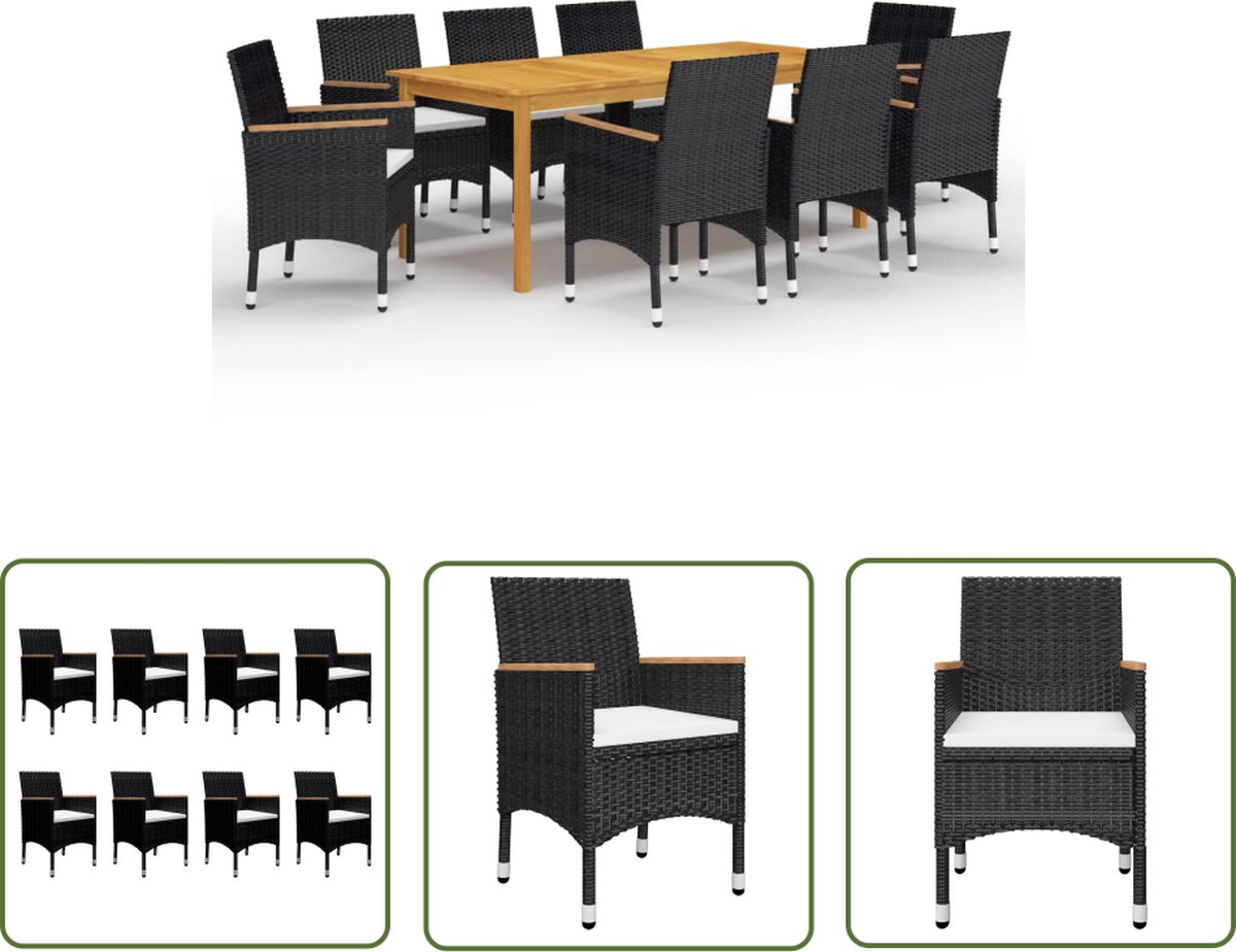 The Living Store 9-delige Tuinset met kussens zwart - Tuinbank - Eetkamerset - Buis Meubel - Acacia Hout - Ratan Tuinmeubels