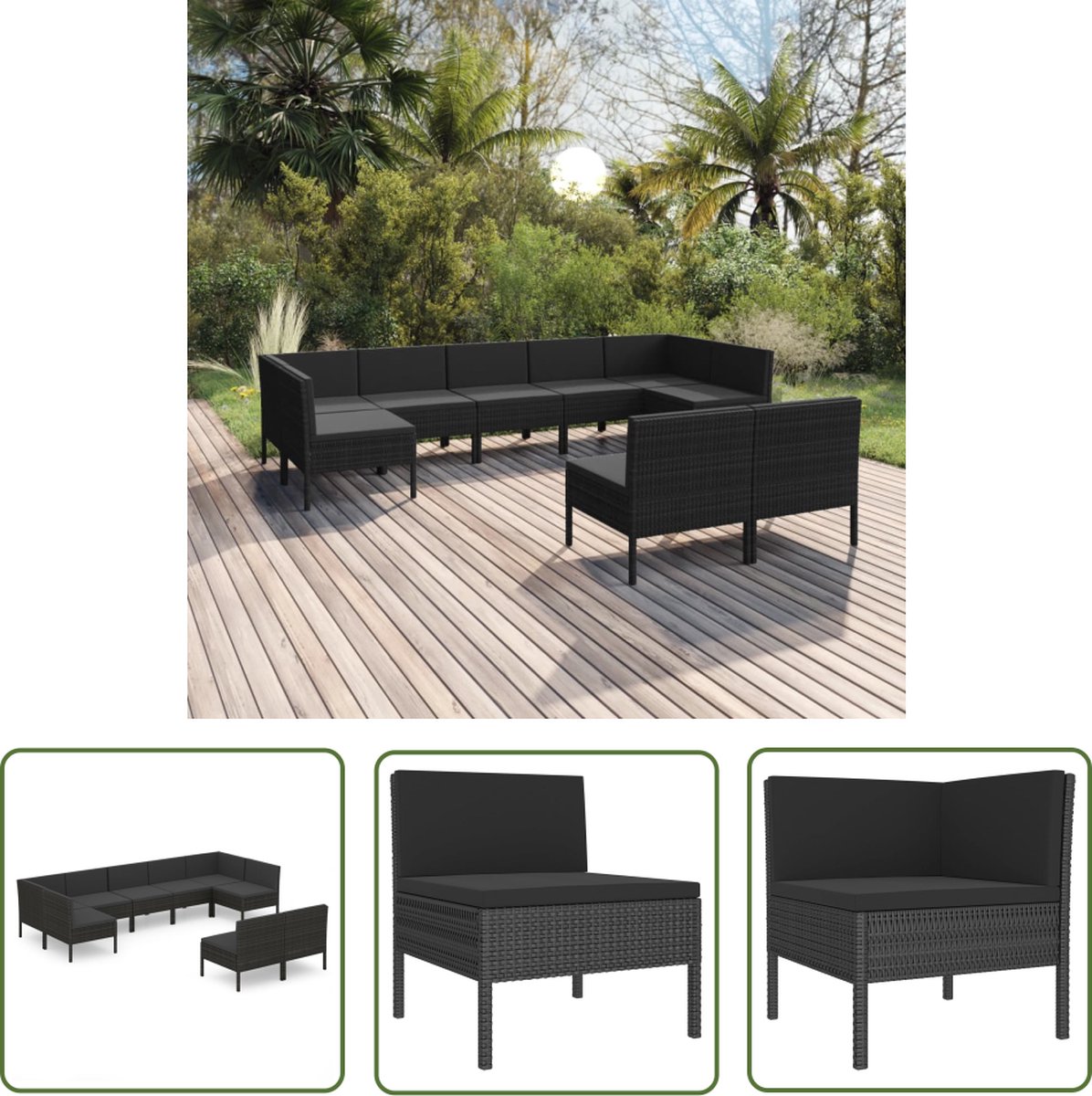 The Living Store 9-delige Loungeset met kussens poly rattan zwart - Loungeset - Tuinset - Buitentijnen - Loungestoel - Garden Furniture