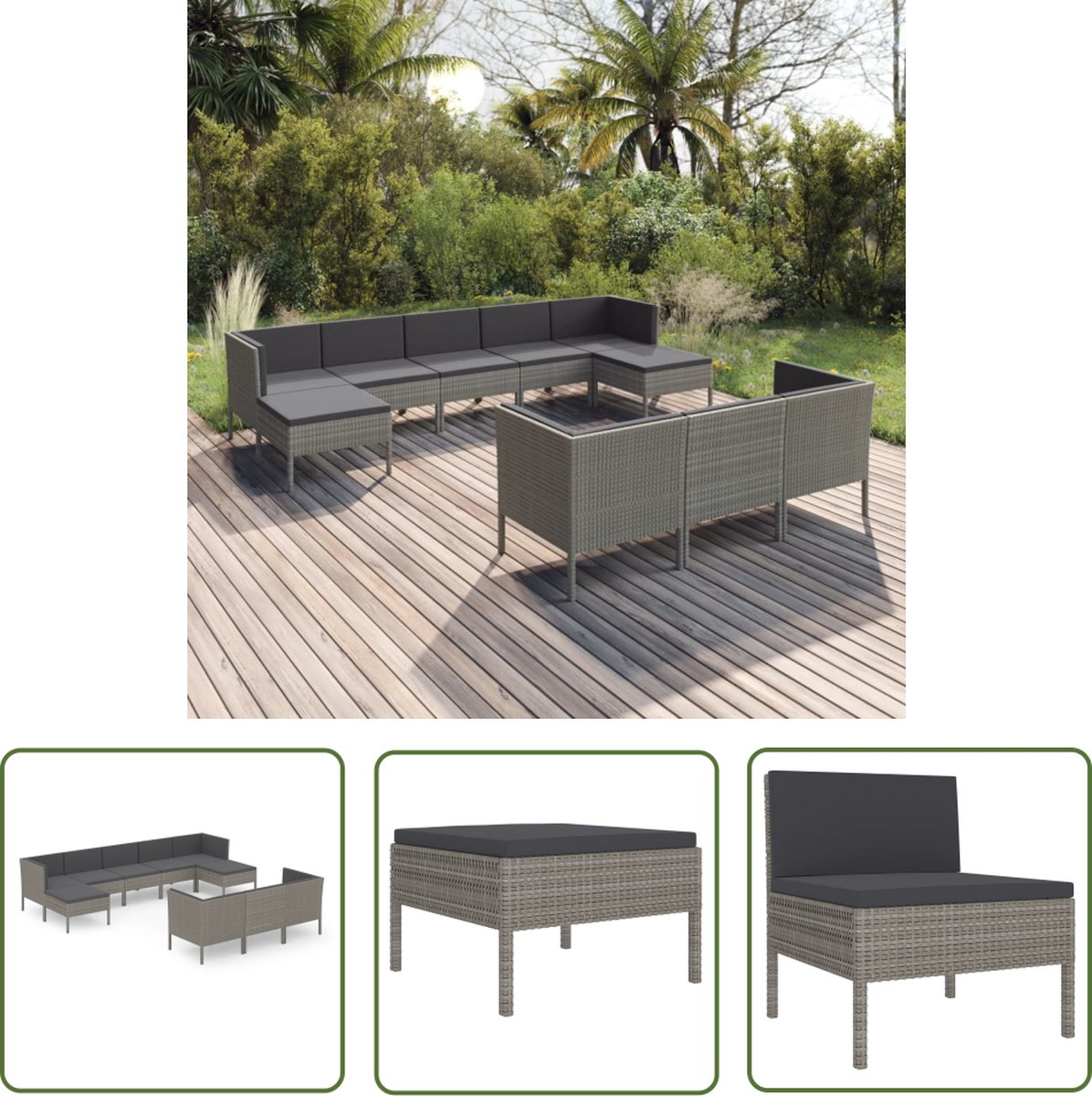 The Living Store 10-delige Loungeset met kussens poly rattan grijs - Loungestoel - Tuinset - Loungegroep - Buitendining - Tuinlounge