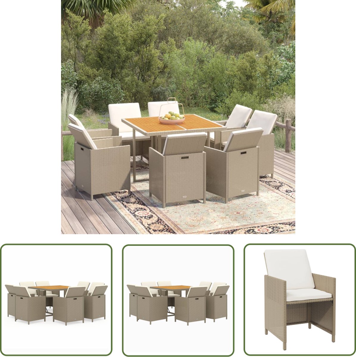 The Living Store 9-delige Tuinset met kussens poly rattan beige - Eetkamerstoel - Tuinset - Buitentijd - Terras - Lounge