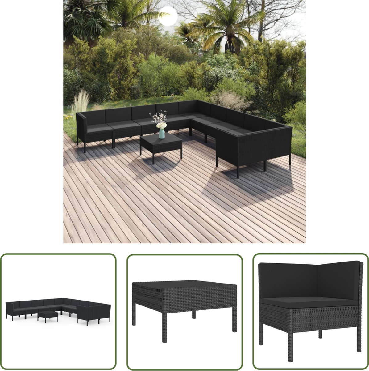 The Living Store 11-delige Loungeset met kussens poly rattan zwart - Loungeset - Tuinset - Loungestoel - Outdoor Furniture - Garden Furniture
