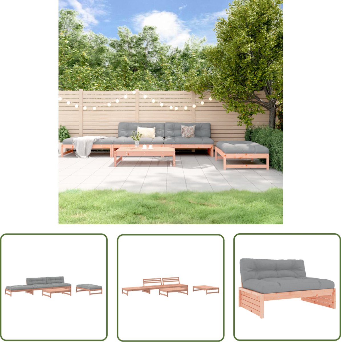 Loungeset van massief douglashout met kussens - Tuinmeubilair met zitkussens in bruin.
