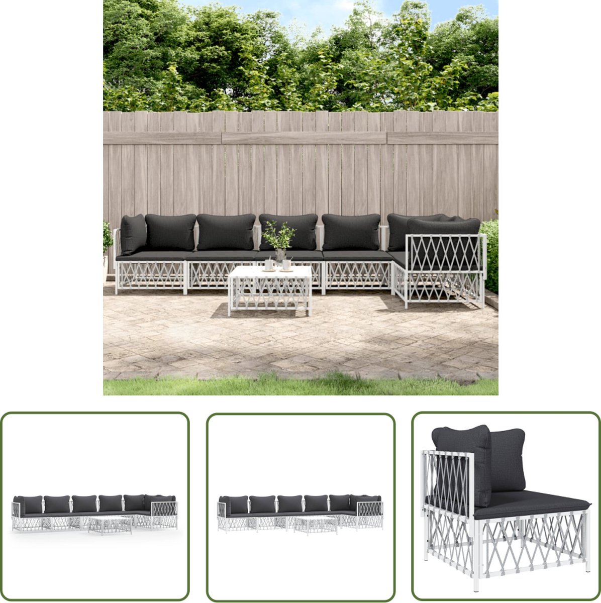 The Living Store 7-delige Loungeset met kussens staal wit - Tuinlounge - Loungestoel - Outdoor Furniture - Terrasstoel - Balkon Meubel