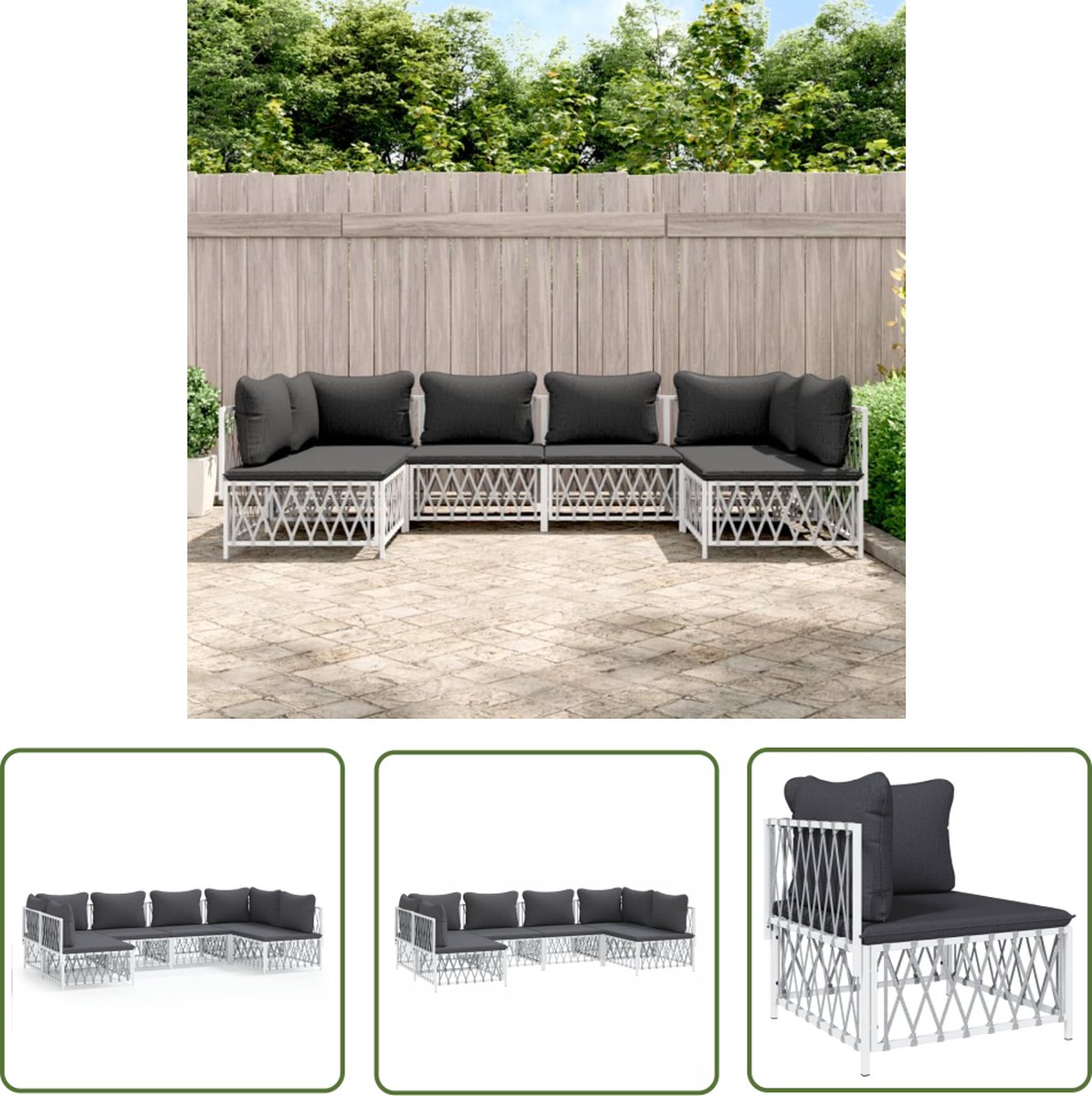 The Living Store 6-delige Loungeset met kussens staal wit - Loungeset - Tuinset - Tuinmeubilair - Lounge Bank - Hoekbank