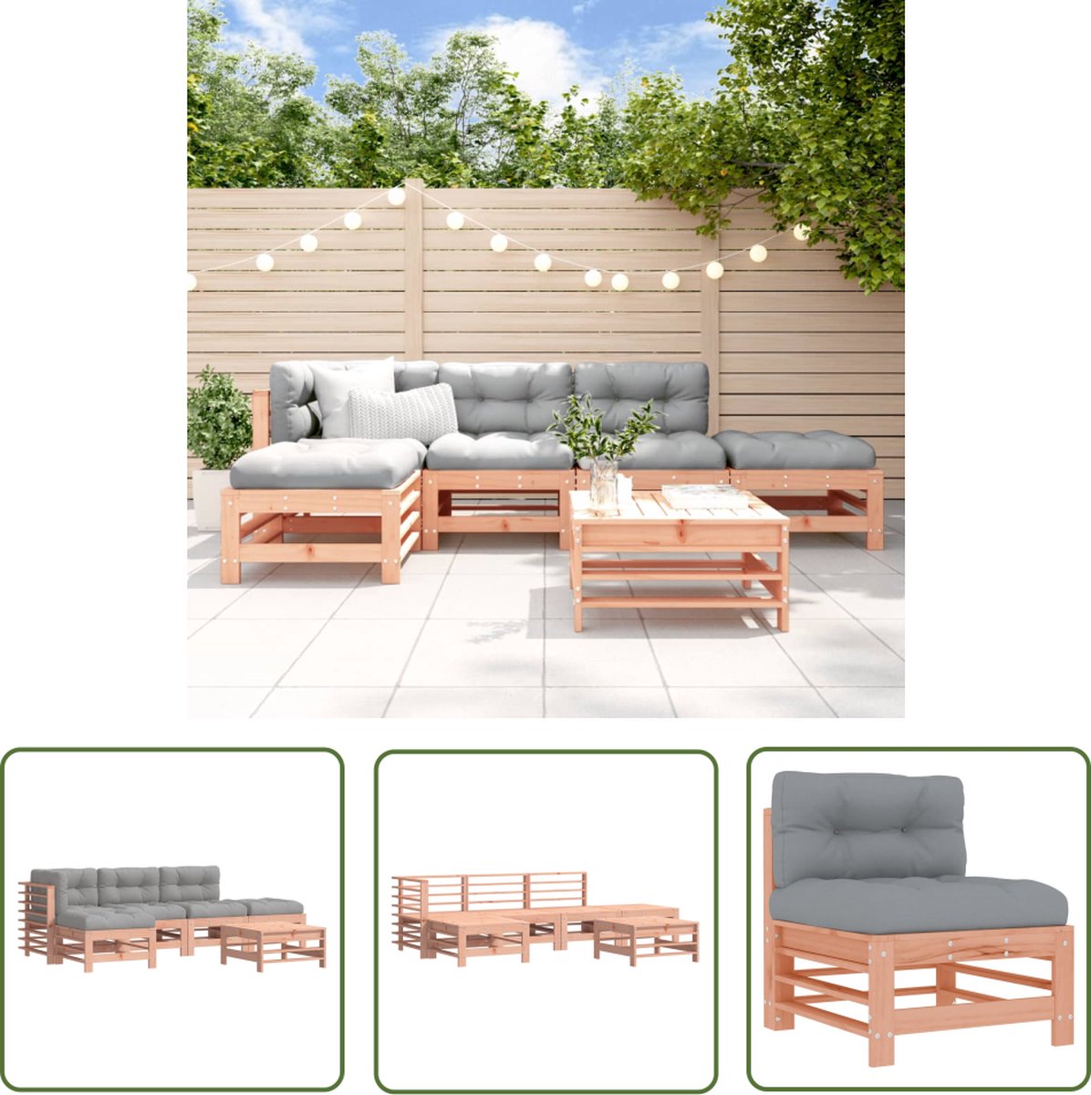 Massief douglashouten loungeset met kussens voor tuin, loungebank in tuinsetting.