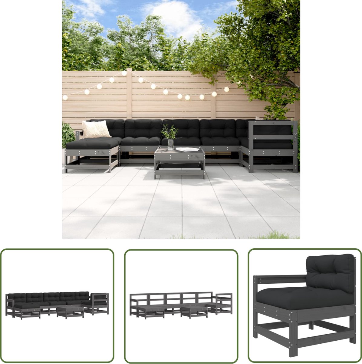 Grijze massief houten loungeset met kussens voor buiten - The Living Store.