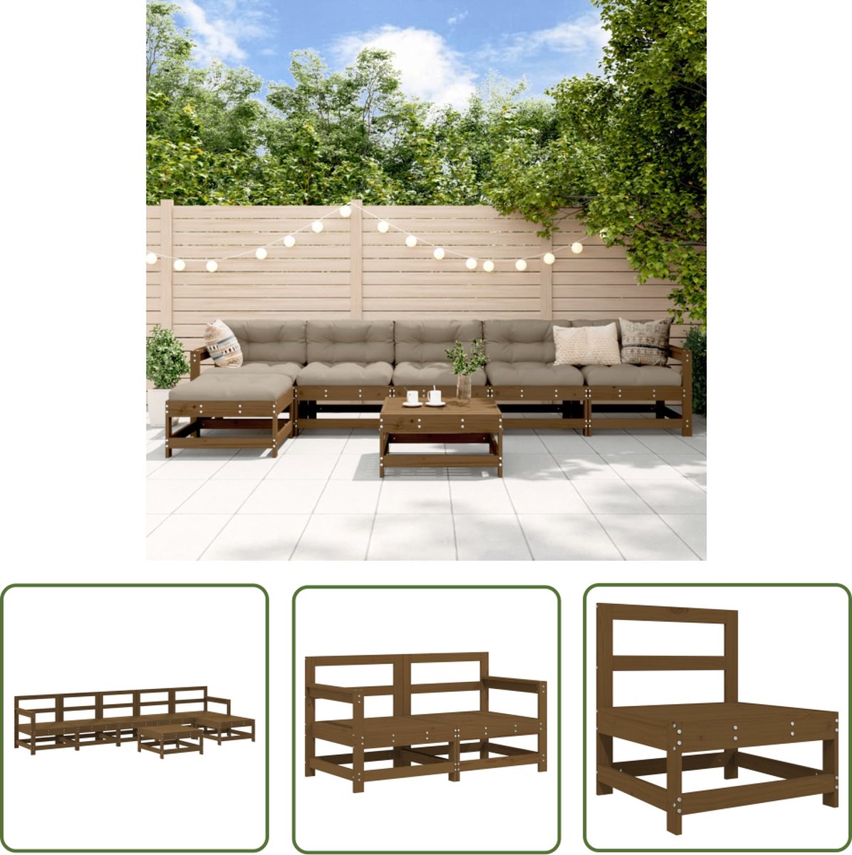 The Living Store 7-delige Tuinset massief grenenhout honingbruin - Loungebank - Tuinset - Lounge Set - Buitendecoratie - Hout Meubel
